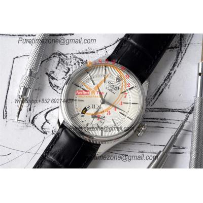 Cellini Dual Time 50525 Cal A3180 Automatic Mens Watch Best Edition KZF 39mm Steel Case White Dial Black Leather Strap