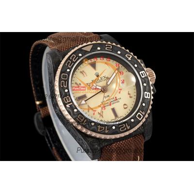 GMT Master II 126710 VR3186 Automatic Mens Watch Best Edition DIWF Carbon Case YellowDial Brown Nylon Strap