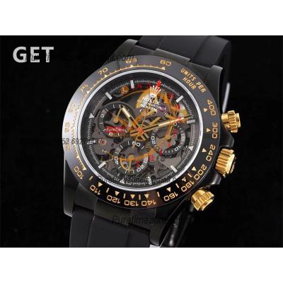 Daytona Blaken SA4130 Automatic Chronograph Mens Watch Best Edition GETF Ceramic Bezel Skeleton Gold Dial Black Rubber