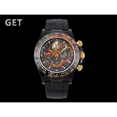 Daytona Blaken SA4130 Automatic Chronograph Mens Watch Best Edition GETF Ceramic Bezel Skeleton Gold Dial Black Rubber