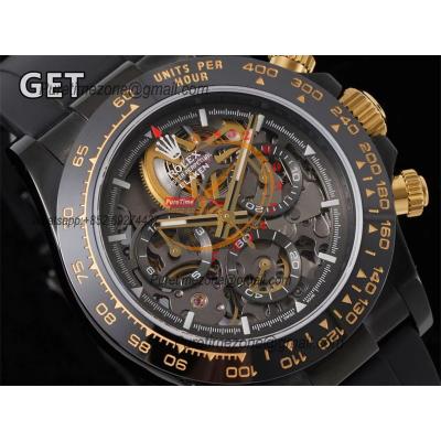 Daytona Blaken SA4130 Automatic Chronograph Mens Watch Best Edition GETF Ceramic Bezel Skeleton Gold Dial Black Rubber