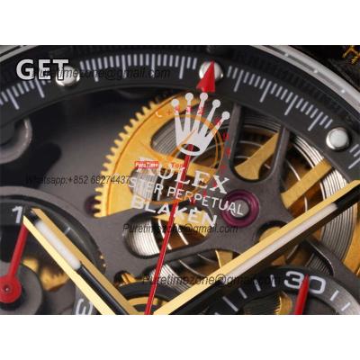 Daytona Blaken SA4130 Automatic Chronograph Mens Watch Best Edition GETF Carbon Bezel Skeleton Gold Dial Red Rubber