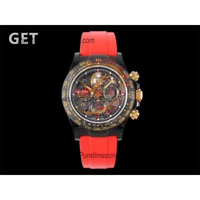 Daytona Blaken SA4130 Automatic Chronograph Mens Watch Best Edition GETF Carbon Bezel Skeleton Gold Dial Red Rubber