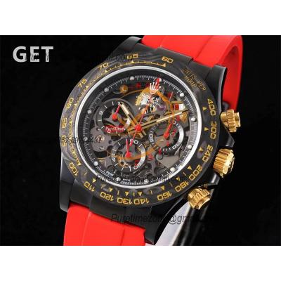 Daytona Blaken SA4130 Automatic Chronograph Mens Watch Best Edition GETF Carbon Bezel Skeleton Gold Dial Red Rubber