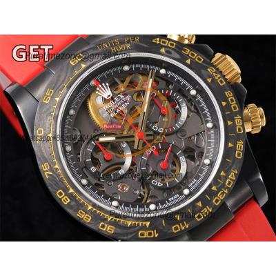 Daytona Blaken SA4130 Automatic Chronograph Mens Watch Best Edition GETF Carbon Bezel Skeleton Gold Dial Red Rubber