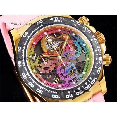 Daytona Blaken SA4130 Automatic Chronograph Mens Watch Best Edition GETF Carbon Bezel Skeleton Gold Dial Pink Rubber