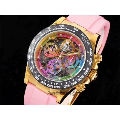 Daytona Blaken SA4130 Automatic Chronograph Mens Watch Best Edition GETF Carbon Bezel Skeleton Gold Dial Pink Rubber