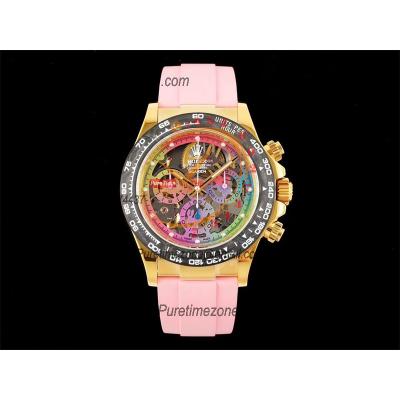 Daytona Blaken SA4130 Automatic Chronograph Mens Watch Best Edition GETF Carbon Bezel Skeleton Gold Dial Pink Rubber