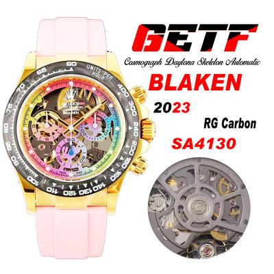 Daytona Blaken SA4130 Automatic Chronograph Mens Watch Best Edition GETF Carbon Bezel Skeleton Gold Dial Pink Rubber