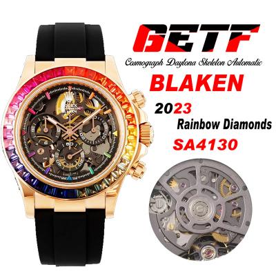 Daytona Blaken SA4130 Automatic Chronograph Mens Watch Best Edition GETF RG Rainbow Diamond Skeleton Dial Black Rubber