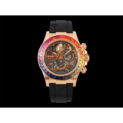 Daytona Blaken SA4130 Automatic Chronograph Mens Watch Best Edition GETF RG Rainbow Diamond Skeleton Dial Black Rubber