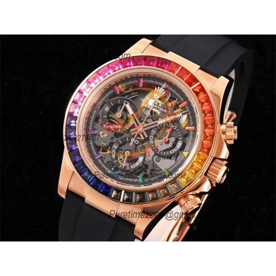 Daytona Blaken SA4130 Automatic Chronograph Mens Watch Best Edition GETF RG Rainbow Diamond Skeleton Dial Black Rubber