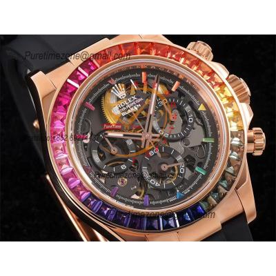 Daytona Blaken SA4130 Automatic Chronograph Mens Watch Best Edition GETF RG Rainbow Diamond Skeleton Dial Black Rubber