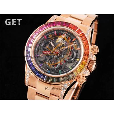 Daytona Blaken SA4130 Automatic Chrono Mens Watch Best Edition GETF RG Rainbow Diamond Skeleton Dial 904L SS Bracelet