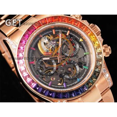 Daytona Blaken SA4130 Automatic Chrono Mens Watch Best Edition GETF RG Rainbow Diamond Skeleton Dial 904L SS Bracelet