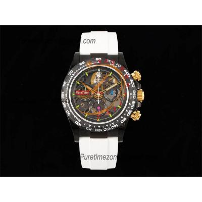 Daytona Blaken SA4130 Automatic Chronograph Mens Watch Best Edition GETF Carbon Bezel Skeleton Gold Dial White Rubber