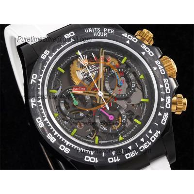 Daytona Blaken SA4130 Automatic Chronograph Mens Watch Best Edition GETF Carbon Bezel Skeleton Gold Dial White Rubber