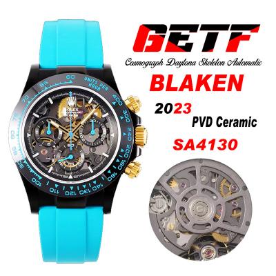 Daytona Blaken SA4130 Automatic Chronograph Mens Watch Best Edition GETF Carbon Bezel Skeleton Gold Dial Cyan Rubber