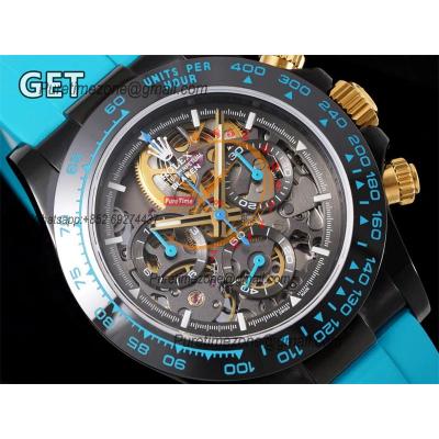 Daytona Blaken SA4130 Automatic Chronograph Mens Watch Best Edition GETF Carbon Bezel Skeleton Gold Dial Cyan Rubber