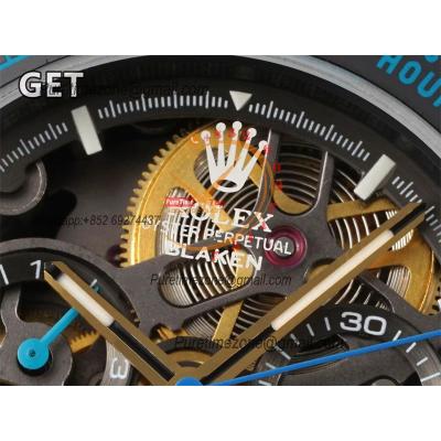 Daytona Blaken SA4130 Automatic Chronograph Mens Watch Best Edition GETF Carbon Bezel Skeleton Gold Dial Cyan Rubber