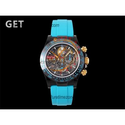 Daytona Blaken SA4130 Automatic Chronograph Mens Watch Best Edition GETF Carbon Bezel Skeleton Gold Dial Cyan Rubber