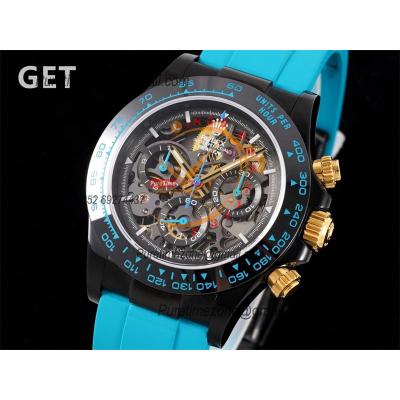 Daytona Blaken SA4130 Automatic Chronograph Mens Watch Best Edition GETF Carbon Bezel Skeleton Gold Dial Cyan Rubber