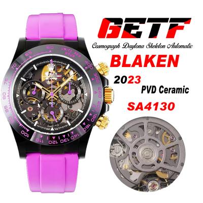 Daytona Blaken SA4130 Automatic Chronograph Mens Watch Best Edition GETF Carbon Bezel Skeleton Gold Dial Purple Rubber