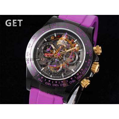 Daytona Blaken SA4130 Automatic Chronograph Mens Watch Best Edition GETF Carbon Bezel Skeleton Gold Dial Purple Rubber