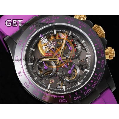 Daytona Blaken SA4130 Automatic Chronograph Mens Watch Best Edition GETF Carbon Bezel Skeleton Gold Dial Purple Rubber