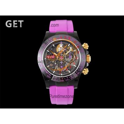 Daytona Blaken SA4130 Automatic Chronograph Mens Watch Best Edition GETF Carbon Bezel Skeleton Gold Dial Purple Rubber