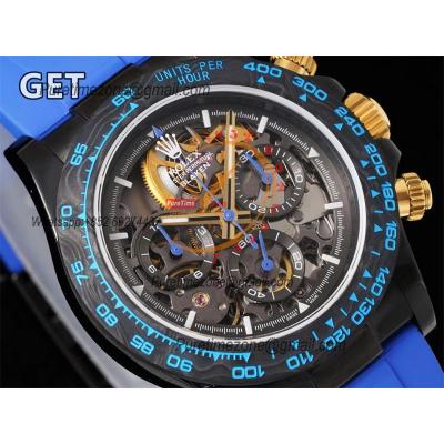 Daytona Blaken SA4130 Automatic Chronograph Mens Watch Best Edition GETF Carbon Bezel Skeleton Gold Dial Blue Rubber