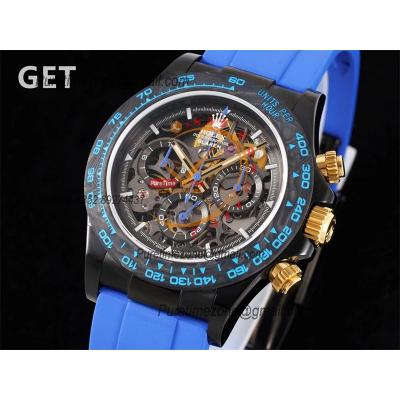 Daytona Blaken SA4130 Automatic Chronograph Mens Watch Best Edition GETF Carbon Bezel Skeleton Gold Dial Blue Rubber