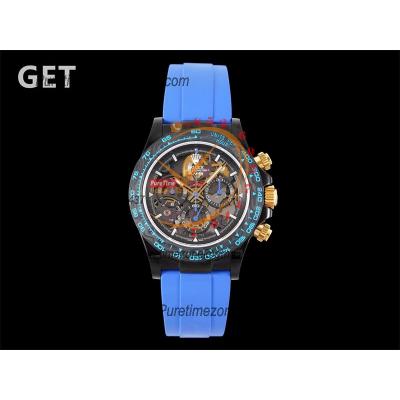 Daytona Blaken SA4130 Automatic Chronograph Mens Watch Best Edition GETF Carbon Bezel Skeleton Gold Dial Blue Rubber