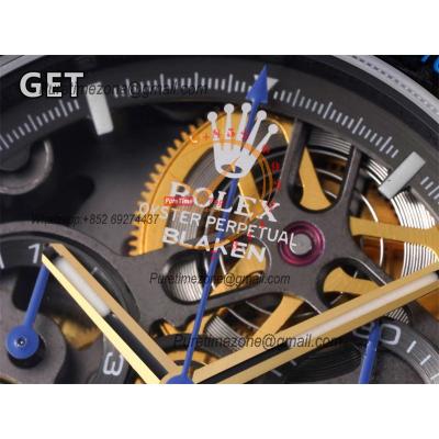 Daytona Blaken SA4130 Automatic Chronograph Mens Watch Best Edition GETF Carbon Bezel Skeleton Gold Dial Blue Rubber