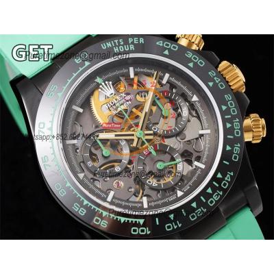 Daytona Blaken SA4130 Automatic Chronograph Mens Watch Best Edition GETF Carbon Bezel Skeleton Gold Dial Green Rubber