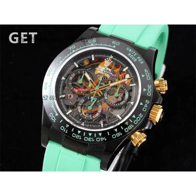 Daytona Blaken SA4130 Automatic Chronograph Mens Watch Best Edition GETF Carbon Bezel Skeleton Gold Dial Green Rubber