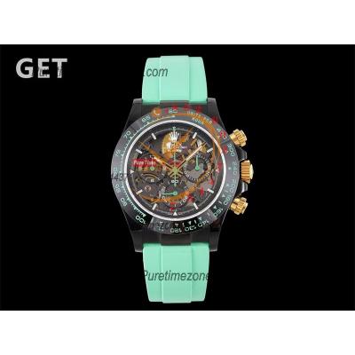 Daytona Blaken SA4130 Automatic Chronograph Mens Watch Best Edition GETF Carbon Bezel Skeleton Gold Dial Green Rubber