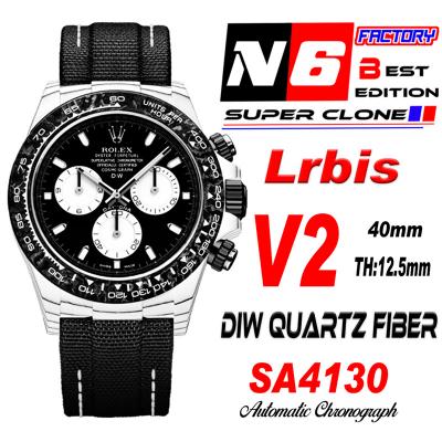 Daytona DIW White Carbon Lrbis SA4130 Autoamtic Chronograph Mens Watch Best Edition N6F V2 Black Dial Nylon