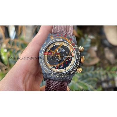 Daytona DIW Black Carbon Cream Invert Gold SA4130 Autoamtic Chronograph Mens Watch Best Edition N6F V2 Black Dial Nylon