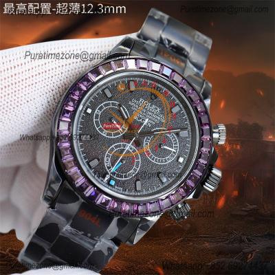 Daytona Blaken A7750 Automatic Chrono Mens Watch Best Edition BLAKENF Purple Diamond Bezel PVD Steel All Black Dial CHS