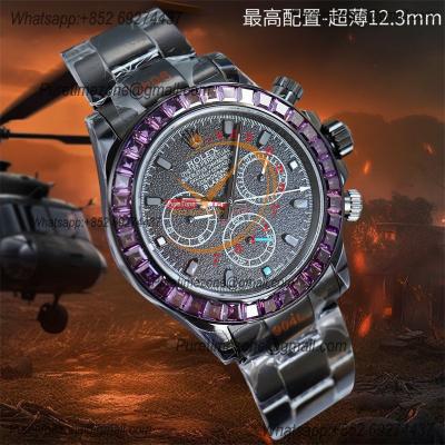 Daytona Blaken A7750 Automatic Chrono Mens Watch Best Edition BLAKENF Purple Diamond Bezel PVD Steel All Black Dial CHS