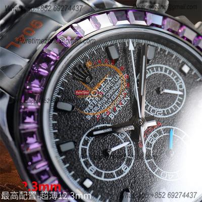 Daytona Blaken A7750 Automatic Chrono Mens Watch Best Edition BLAKENF Purple Diamond Bezel PVD Steel All Black Dial CHS