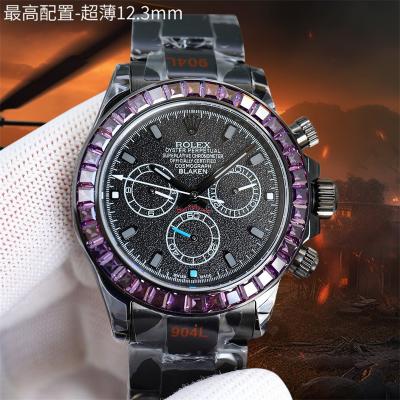 Daytona Blaken A7750 Automatic Chrono Mens Watch Best Edition BLAKENF Purple Diamond Bezel PVD Steel All Black Dial CHS