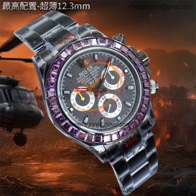 Daytona Blaken A7750 Auto Chrono Mens Watch Best Edition BLAKENF Purple Diamond Bezel PVD Steel All Black Silver Dial