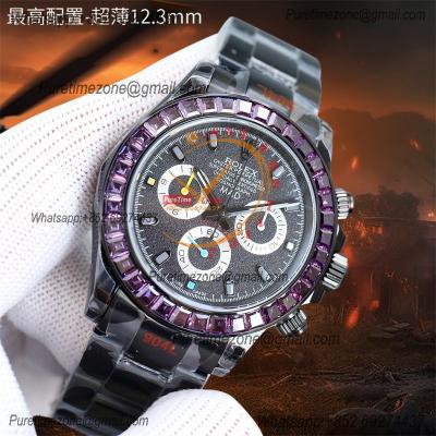 Daytona Blaken A7750 Auto Chrono Mens Watch Best Edition BLAKENF Purple Diamond Bezel PVD Steel All Black Silver Dial