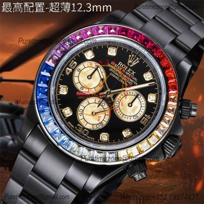 Daytona Blaken A7750 Automatic Chrono Mens Watch Best Edition BLAKENF Rainbow Diamond Bezel PVD Steel All Black Dial CHS