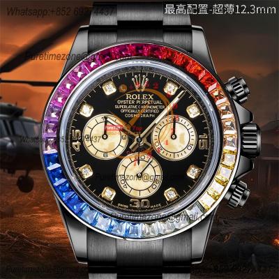 Daytona Blaken A7750 Automatic Chrono Mens Watch Best Edition BLAKENF Rainbow Diamond Bezel PVD Steel All Black Dial CHS