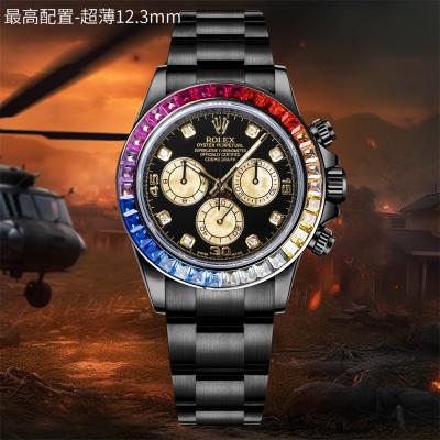 Daytona Blaken A7750 Automatic Chrono Mens Watch Best Edition BLAKENF Rainbow Diamond Bezel PVD Steel All Black Dial CHS