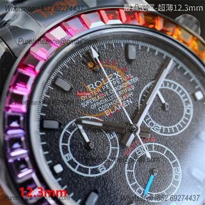 Daytona Blaken A7750 Automatic Chrono Mens Watch Best Edition BLAKENF Rainbow Diamond Bezel PVD Steel All Black Dial CHS