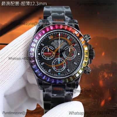 Daytona Blaken A7750 Automatic Chrono Mens Watch Best Edition BLAKENF Rainbow Diamond Bezel PVD Steel All Black Dial CHS